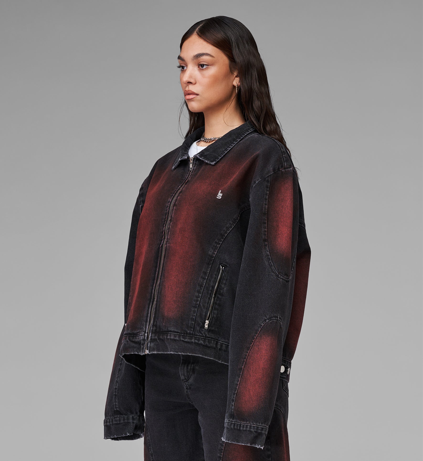 BLACK DENIM JACKET RED FLAMES